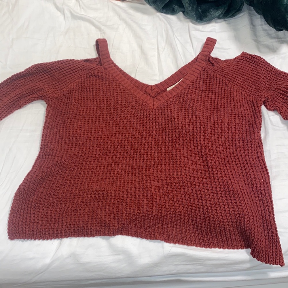 Rusty colored open shoulder knit waffle sweater